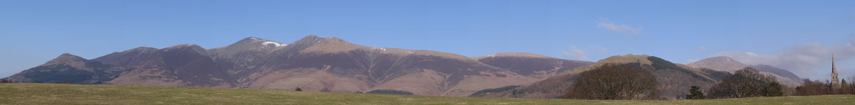 Skiddaw and St John’s Church, taken from Crow Park beside Derwentwater, just across the road from the Theatre by the Lake Skiddaw panorama